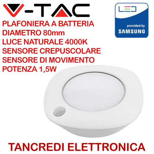 V-TAC PRO VT80 Plafoniera LED Chip Samsung Tonda 1,5W sensore crepuscolare 4000K