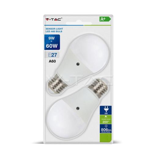 Led lampadina - 9w e27 a60 con sensore crepuscolare bianco 2pz 6400k - v-tac