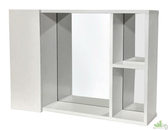 KIT MOBILE PENSILE SPECCHIO BAGNO 1 ANTA SPORTELLO CM.60X13X41 BIANCO 2 SCAFFALI