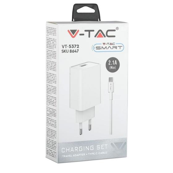 Caricatore da Viaggio Cavo Ricarica Veloce Micro USB Tipo-C 2.1A Colore Bianco