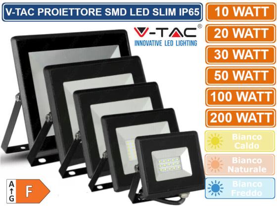 V-TAC PROIETTOREFARO FARETTO LED SMD 10W 20W 30W 50W 100W 200W SLIM IP65 NERO