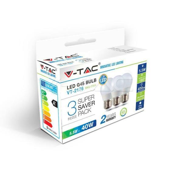 LED LAMPADINA - 5.5W E27 G45 BIANCO 3PZ/PACK 6400K - Fredda - XXHSEP