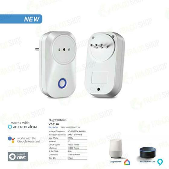 V-TAC Spina Wifi Italiana Interruttore Amazon Alexa Google Nest Colore Bianco